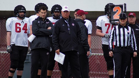 UMass head coach Mark Whipple keeps a watchful eye from the sidelines. (Cade Belisle/Daily Collegian)