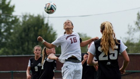 UMass junior co-captain Jackie Bruno gets her head in the game during the Minutewomens 2-1 loss to Providence on Aug. 31 (Cade Belisle/Daily Collegian).