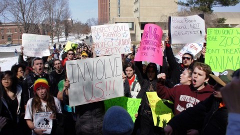 Students at the March 2014 Blarney Blowout protest march to Whitmore Administration Building. (Cade Belisle/Daily Collegian)