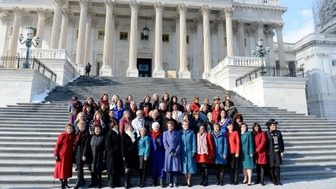 House Minority Leader Nancy Pelosi (D-CA) and House Democratic women participate in a photo opportunity on the steps on the east front of the Capitol on Jan. 7, 2015 in Washington, D.C. The 114th Congress marked the most women serving in the House in U.S. history, with 65 members. (Olivier Douliery/Abaca Press/TNS)