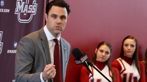 Ryan Bamford speaks to friends, family, colleagues, students, athletes, and the media as he steps into the role of athletic director of the University of Massachusetts. (Robert Rigo/Daily Collegian)