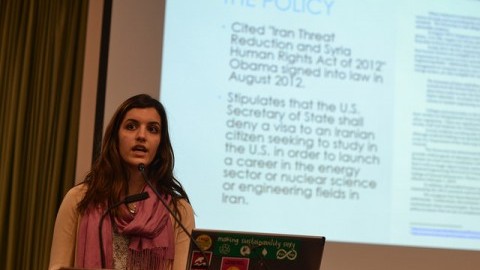  Nasim Cheraghi, president of the UMass Undergraduate Persian Student Association, speaks during a meeting regarding the recent UMass admission policy of Iranian students. (Alex Lindsay/Daily Collegian)