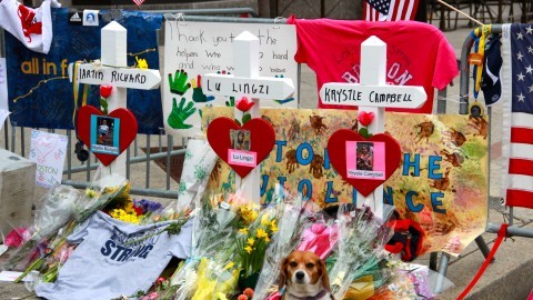 A memorial set up at the finish line of the Boston Marathon after the bombings in 2013. Dzhokhar Tsarnaev was found guilty in the attack. (Collegian File Photo)
