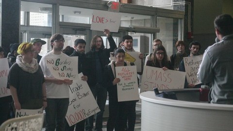 (Students Protest Gov. Baker’s Rejection of Syrian Refugees in the Student Union on Thursday. Shannon Broderick)