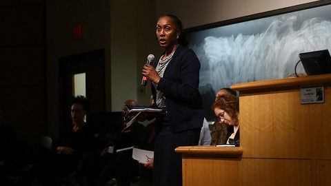 A. Yemisi Jimoh chair of the Faculty Senate Rules Committee speaks at a forum held on Dec. 3 in Mahar Auditorium.
Robert Rigo/Daily Collegian