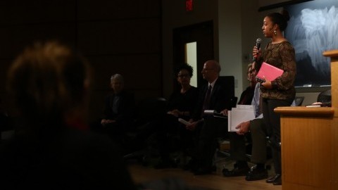 Leykia Brill speaks to students at a campus forum on Dec. 3 in Mahar Auditorium. 
Robert Rigo/Daily Collegian