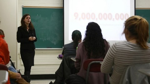 (Rachel Atcheson, the Humane Leagues Director of Campus Outreach, spoke to about 20 students, most of them being members of PNUT, an RSO that educates people about veganism and vegetarianism. Robert Rigo/ Daily Collegian)