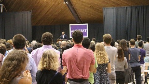 Ta-Nehisi Coates got a standing ovation at Amherst College before his talk on Tuesday, September 13, 2016. (Erica Lowenkron/Collegian Staff)