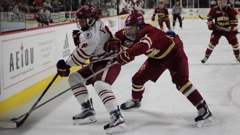 Dominic Trento defends the puck from BC. Caroline OConnor/Daily Collegian)