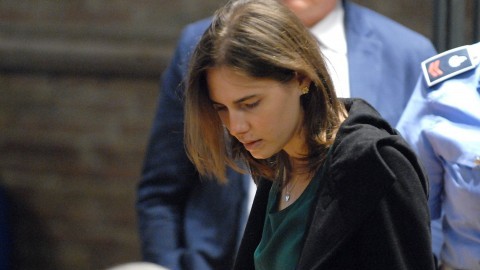 Amanda Knox at the Perugia court, Italy, Monday, October 3, 2011, for Meredith Kercher murder appeal trial. An Italian court cleared 24 year-old American Amanda Knox and her former boyfriend of murdering British student Meredith Kercher in 2007 and set them free on Monday after nearly four years in prison for a crime they always denied committing. (Fabrizio Troccoli-Photomasi/Abaca Press/MCT)