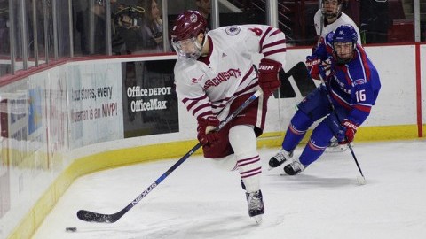 Jake Horton took the puck in a game on January 14th against UML. Jong Mam Kim/Daily Collegian)