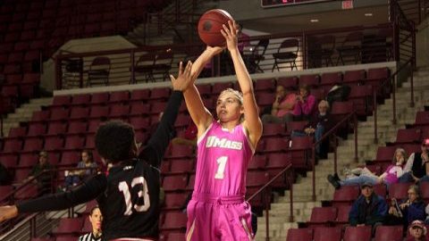 Maggie Mulligan (1) takes a shot in the Play4Kay game against Davidson in the Mullins Center on Saturday afternoon. (Chris OKeefe/Daily Collegian)
