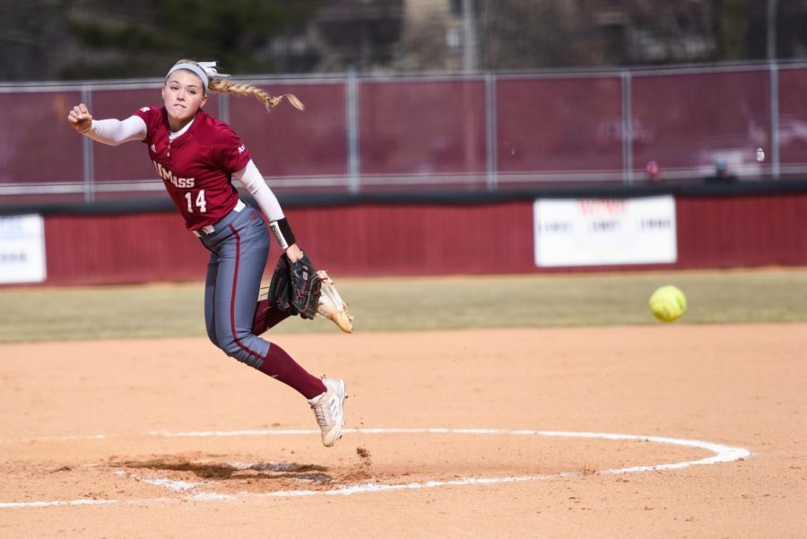 UMass RHP, Kiara Oliver, during a game against La Salle, Saturday, March 24, 2018 at Sortino Field, Amherst.