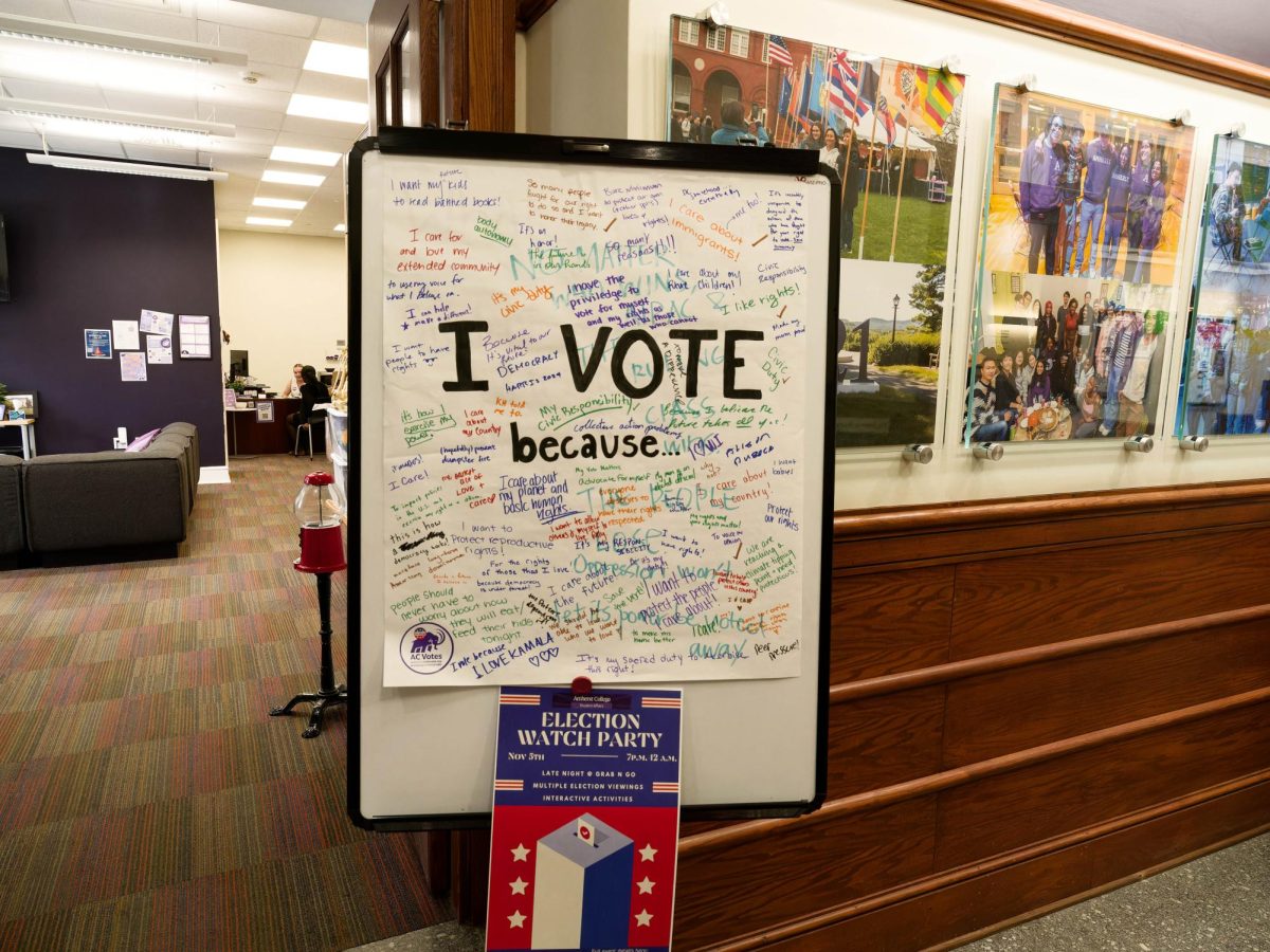 Posters with the text prompt "I vote because..." with responses at Keefe Student Union at Amherst College on Election Day 11/5/24. 

