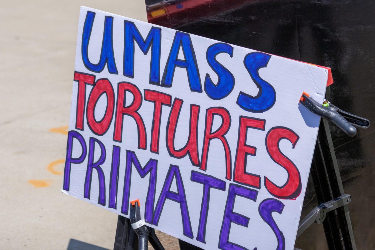 Protesters gathered outside the Student Union protesting animal testing being performed by UMass Amherst.